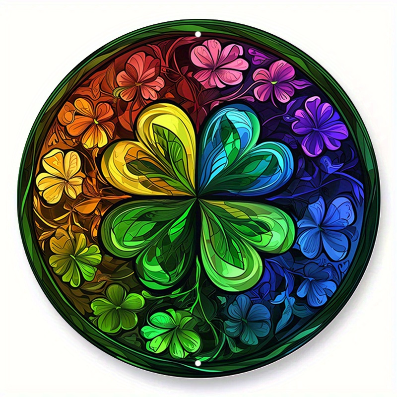 

1pc 20x20cm/8x8in Colorful Lucky Clover Round Metal Aluminum Sign, Faux Stained Glass Wreath Sign, Round Wreath Sign, Decorative Wall Sign, For Home Bedroom Restaurant Cafe Bathroom Garage Wall Decor