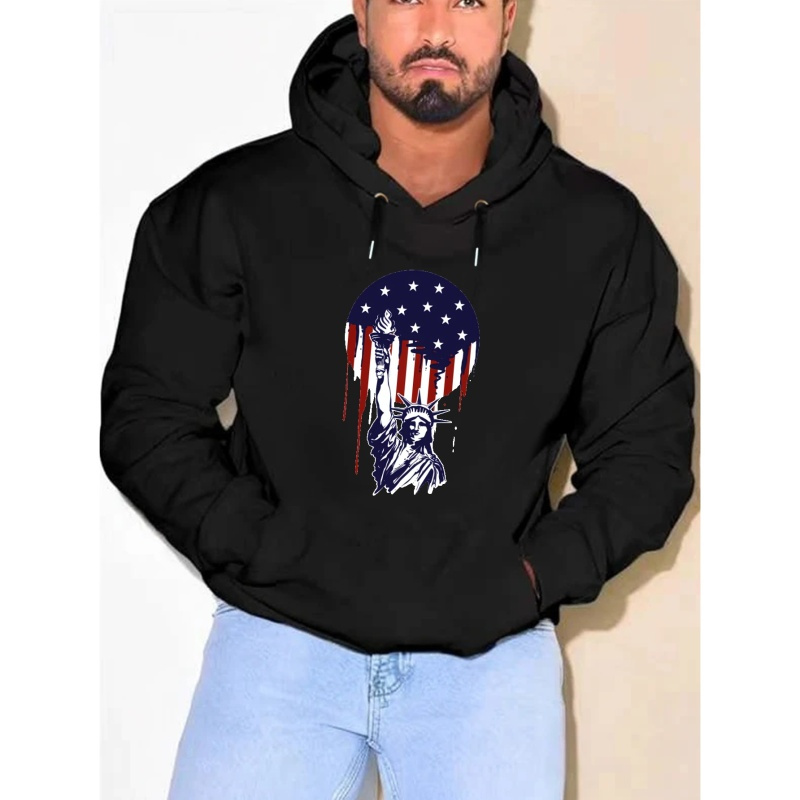

Statue Of Liberty Graphic Design Plus Size Men's Casual Pullover Hooded Sweatshirt, Men's Long Sleeve Top Clothing