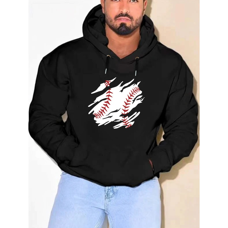 

Plus Size Baseball Print Hoodie, Men's Casual Graphic Design Pullover Hooded Sweatshirt With Kangaroo Pocket Streetwear For Winter Fall, Men's Clothing