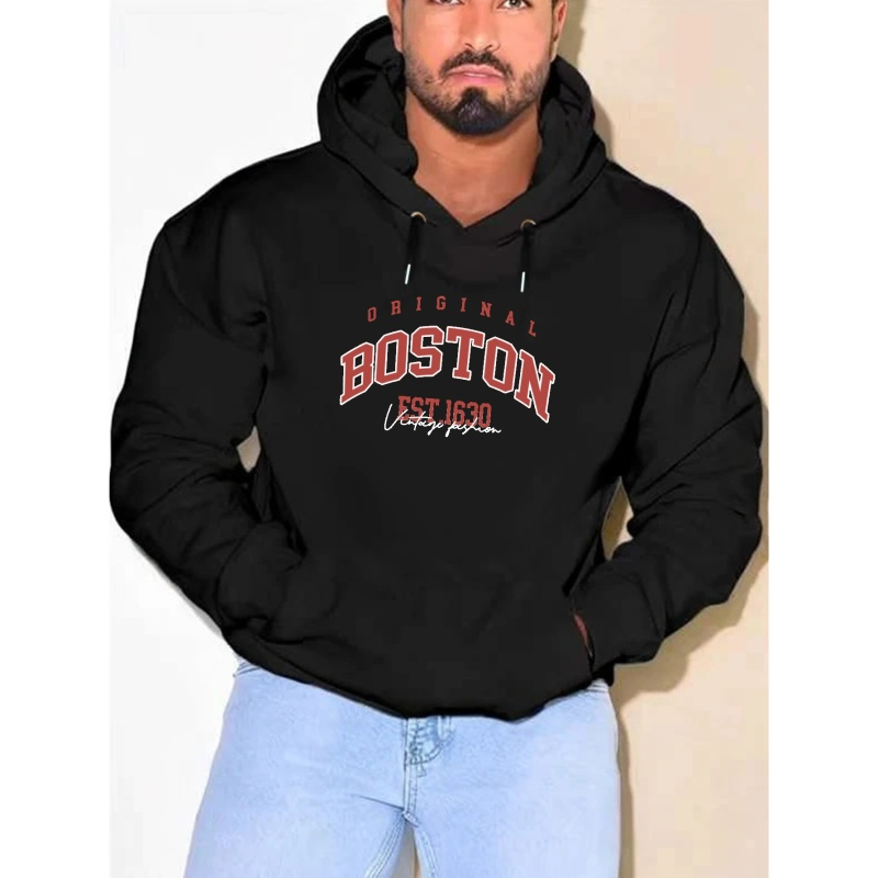 

Plus Size "boston" Print Hoodie, Casual Hooded Sweatshirt With Kangaroo Pocket, Men's Clothing