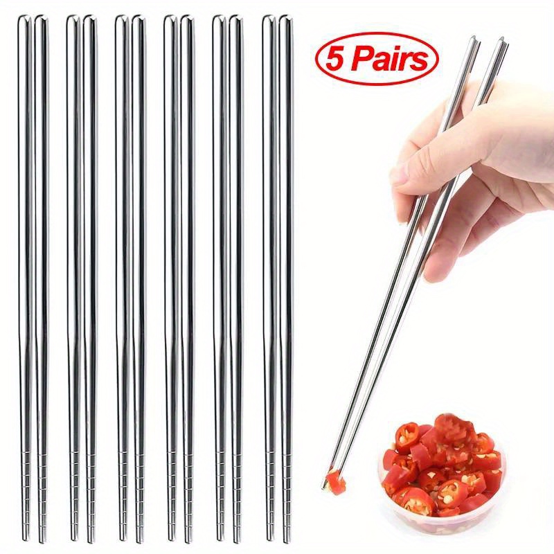 

5 Pairs Chinese Chopsticks Stainless Steel Non-slip Sushi Chopstick Korean Japanese Food Metal Sticks Restaurant Kitchen Tableware Set Eid Al-adha Mubarak