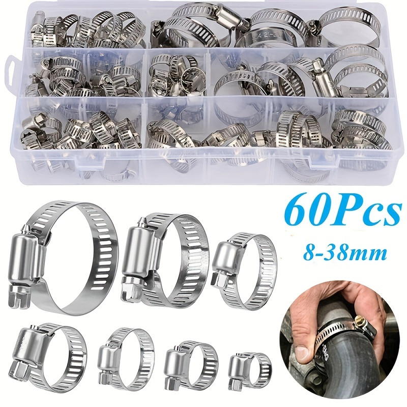 

60pcs Box: 8-38mm Range Adjustable Stainless Steel Worm Gear Hose Clamps - Perfect For Fuel Pipes!