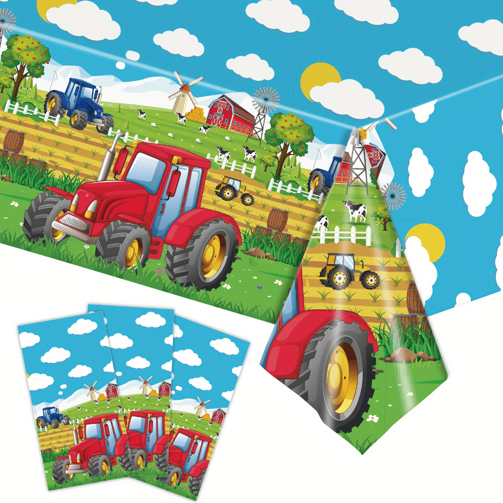 

1pc, 137*274cm New Party Tablecloth, Tractor Theme Disposable Party Tablecloth, White Cloud Farm Birthday Decoration Plastic Tablecloth, Birthday Decor, Birthday Supplies