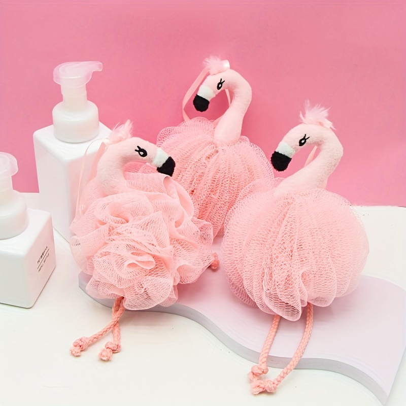 

1pc Adorable Pink Flamingo-shaped - Soft Mesh Loofah With Braided Rope, Cute Back Scrubber & Foaming Bath Flower, Ideal New Year Gift For Girls