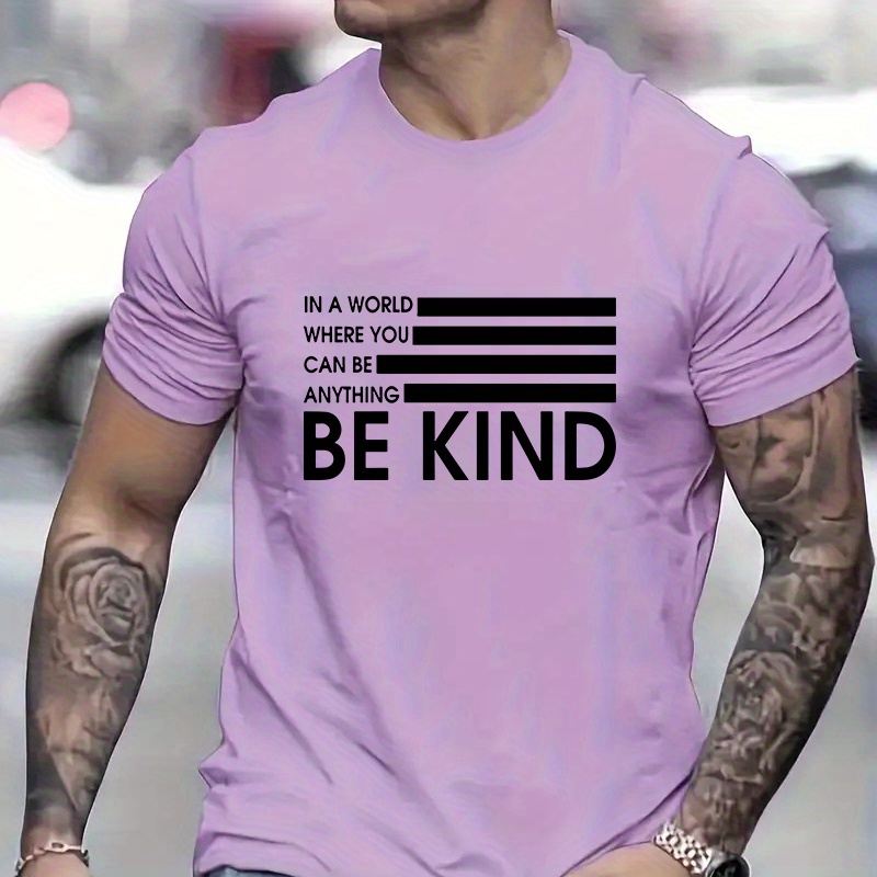 

Be Kind Graphic Men's Short Sleeve T-shirt, Comfy Stretchy Trendy Tees For Summer, Casual Daily Style Fashion Clothing