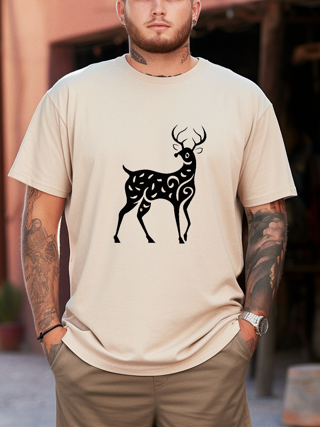 Mens Plus Size Off Deer Print Crew Stretch T Shirt - Temu Canada