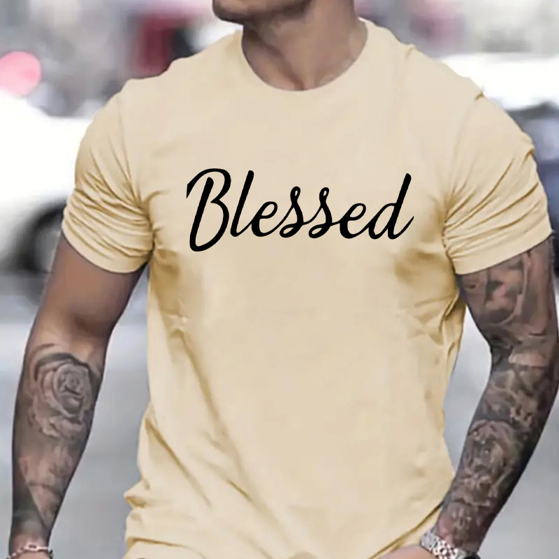

Blessed Graphic Men's Short Sleeve T-shirt, Comfy Stretchy Trendy Tees For Summer, Casual Daily Style Fashion Clothing