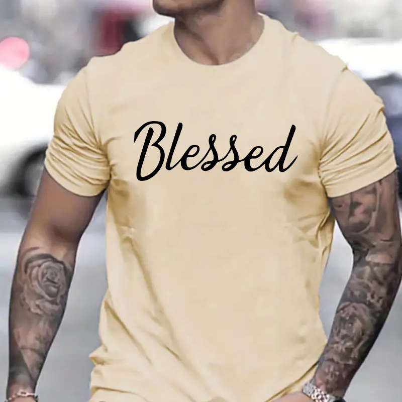 

Blessed Graphic Men's Short Sleeve T-shirt, Comfy Stretchy Trendy Tees For Summer, Casual Fashion Clothing