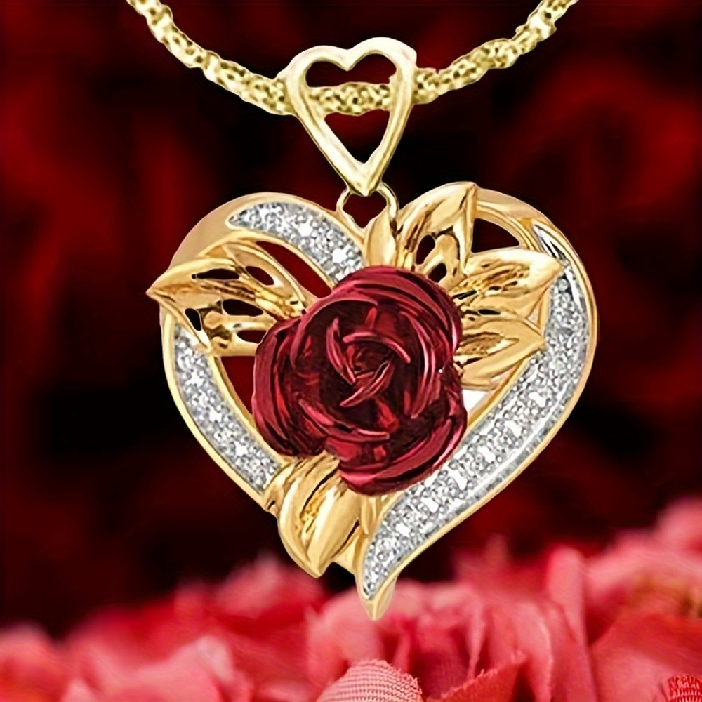 

Red Rose Heart-shaped Pendant Necklace, Exquisite Romantic Holiday Anniversary Gift