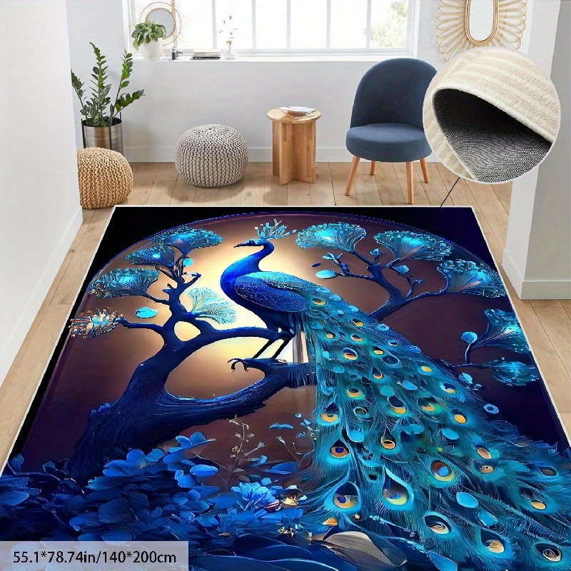 

Blue Peacock Area Rugs, Ultra-thin Washable Rug, Stain Resistant Area Rugs For Living Room, Non-shedding Vintage Print Rug For Office