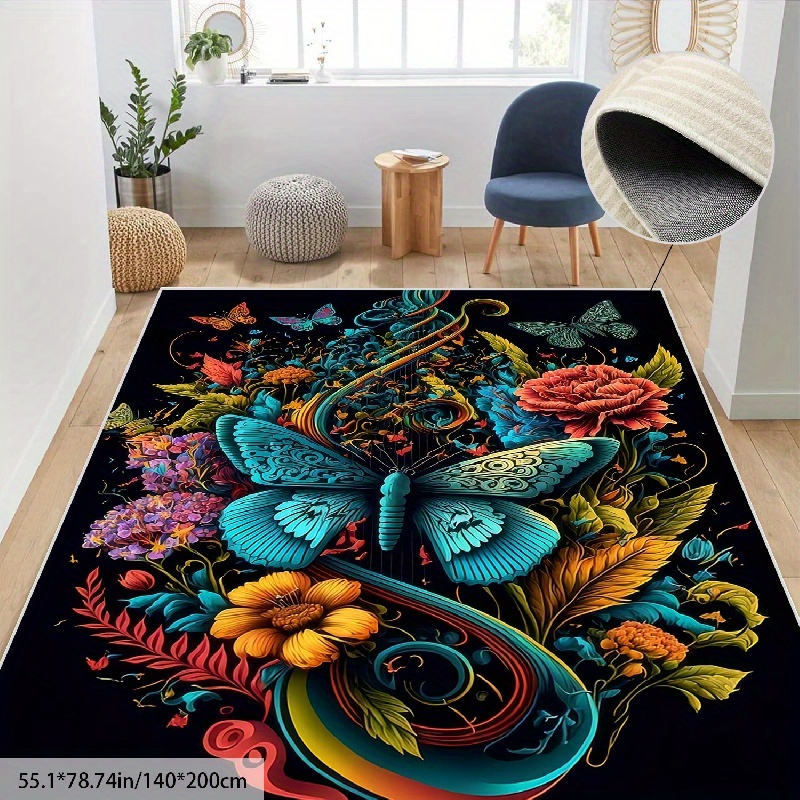 

[imitated Cashmere 1250g/flat Bottom Cotton Cloth Thickness 12mm] Colorful Butterfly Moroccan Rug, Washable Living Room Rug, Vintage Floral Non-slip Rug, Large Oriental Rug, Suitable For Bedroom Rug