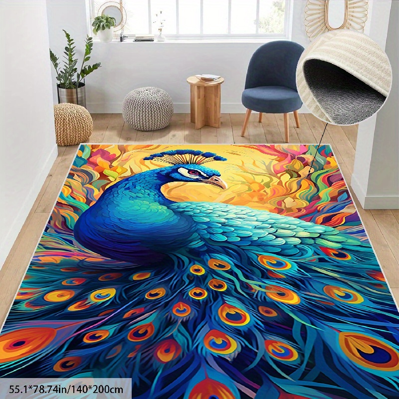 

Blue Dream Peacock Area Rugs For Living Room:rug For Bedroom Machine Washable With Non Slip Backing Non Shedding, Boho Medallion Floral Large Carpet For Dining Room Nursery Home For Office