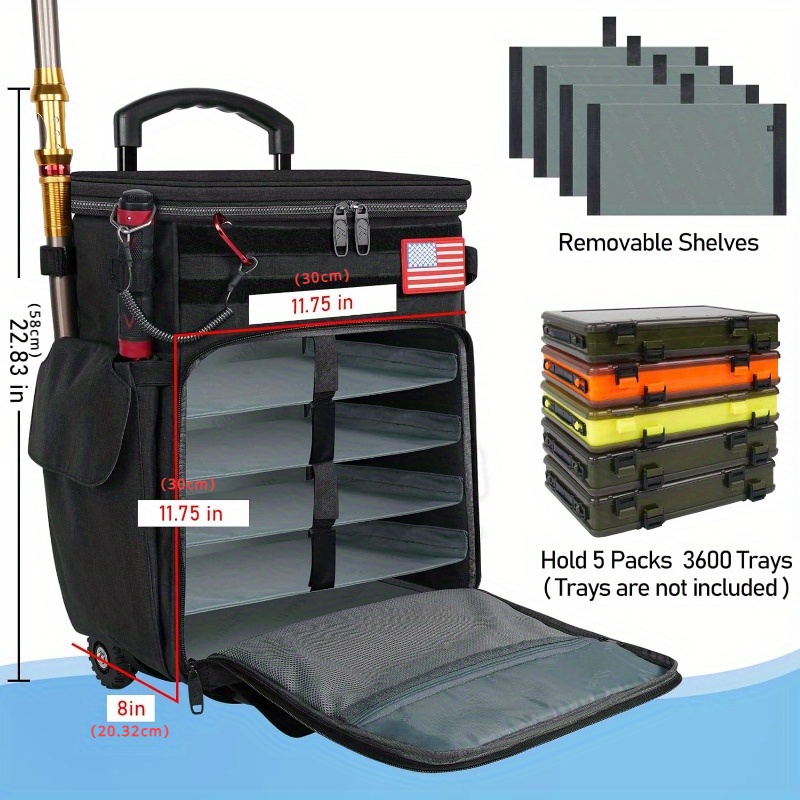 1pc Rolling Tackle Box With Cooling Function Large Fishing Bag With Wheels  For 5 Trays Trays Not Included Saltwater Resistant Fishing Tackle Backpack  With Rod Holders Waterproof Bottom For Storage Gear Pole