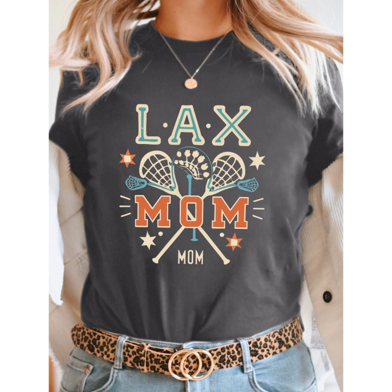 

Lax Mom And Sticks Print T-shirt, Short Sleeve Crew Neck Casual Top For Summer & Spring, Women's Clothing