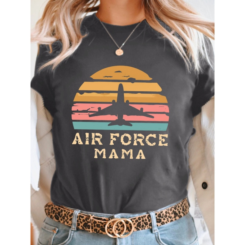 

Sunset Air Force Mama Print T-shirt, Short Sleeve Crew Neck Casual Top For Summer & Spring, Women's Clothing