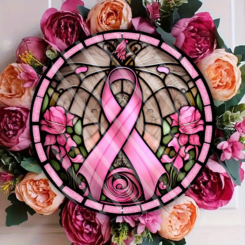

1pc 8x8inch Aluminum Metal Sign, Breast Cancer, Faux Stained Glass Breast Cancer Pink Ribbon Sign, Wall Door Decorative Wreath Sign, For Home Bedroom Restaurant Cafe Bathroom Garage Decor