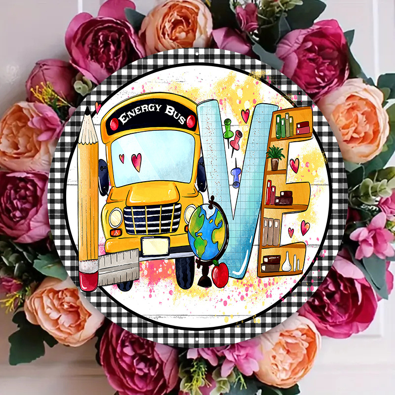 

1pc 8x8inch Aluminum Metal Sign, Energy Bus, Love Bus Driver Wreath Sign, Pencil, Wall Hanging, For Home Bedroom Restaurant Cafe Bathroom Garage Wall Decor