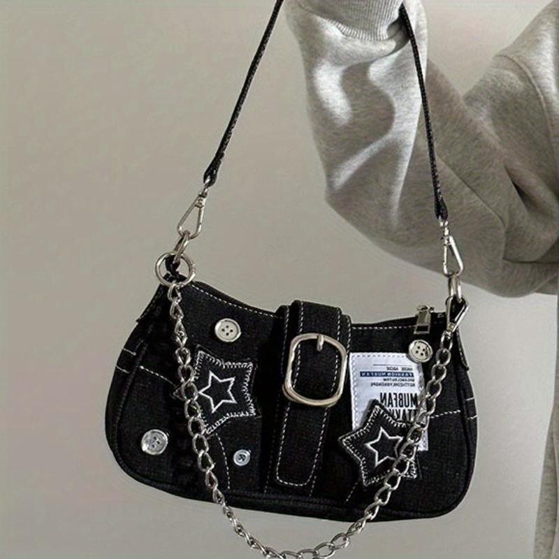 

Trendy Y2k Style Shoulder Bag With Chain Decor, Women's Star Pattern Underarm Bag With Decor