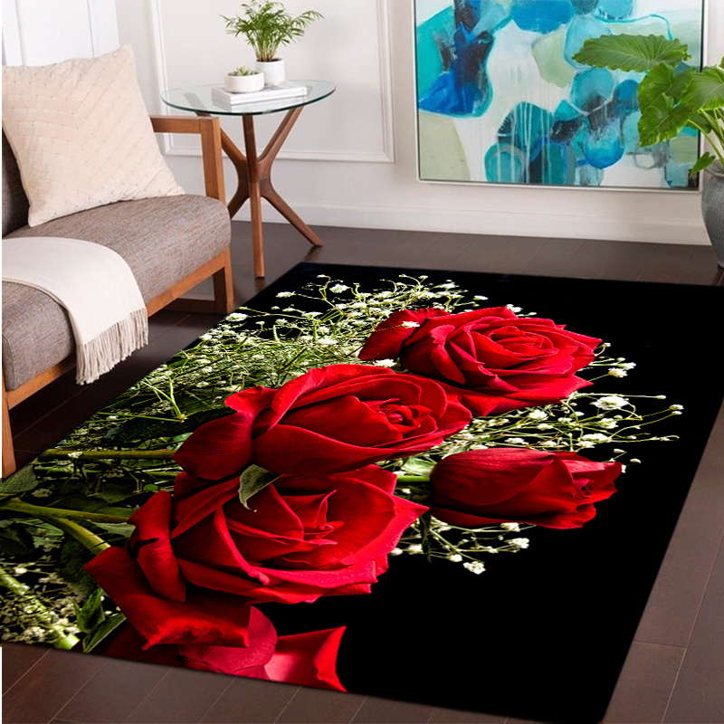 

[800g/m² Weight Crystal Velvet] 1pc Red Rose Pattern Rug Office Chair Mat Non-slip Carpet For Living Room Bedroom Home Decor