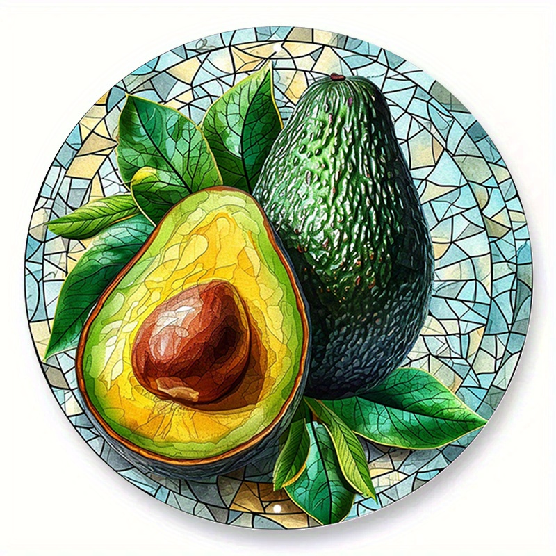 

1pc 20x20cm/8x8in Round Metal Aluminum Sign, 2 Avocados Pattern Faux Stained Glass Wreath Sign, Round Wreath Sign, Decorative Wall Sign, For Home Bedroom Restaurant Cafe Bathroom Garage Wall Decor