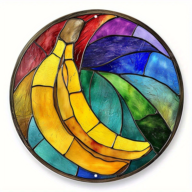 

1pc 20x20cm/8x8in Banana Round Metal Aluminum Sign, Faux Stained Glass Wreath Sign, Round Wreath Sign, Decorative Wall Sign, For Home Bedroom Restaurant Cafe Bathroom Garage Wall Decor