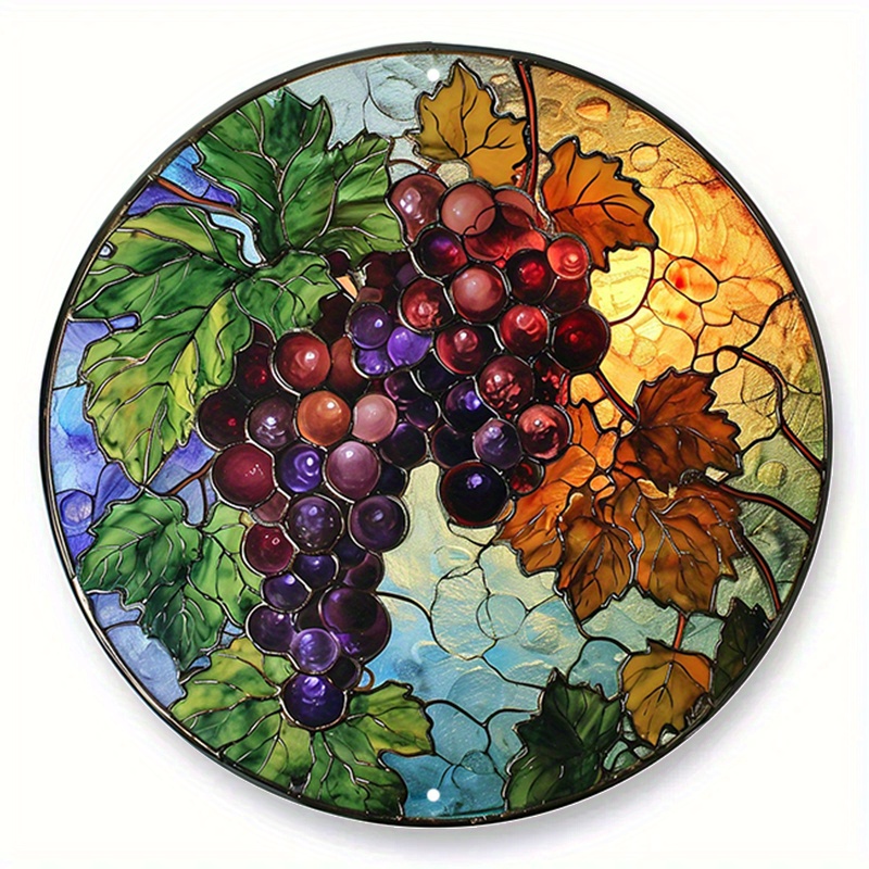 

1pc 20x20cm/8x8in Round Metal Aluminum Sign, Fruit Grapes Faux Stained Glass Wreath Sign, Round Wreath Sign, Decorative Wall Sign, For Home Bedroom Restaurant Cafe Bathroom Garage Wall Decor