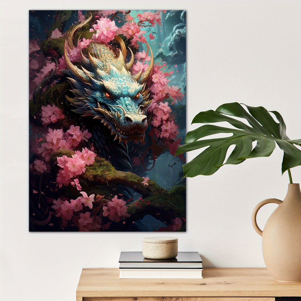 

1pc Dragon In Rose Garden Canvas Wall Art For Home Decor, Pink Flower Poster Wall Decor High Quality Canvas Prints For Living Room Bedroom Kitchen Office Cafe Decor, Perfect Gift And Decoration
