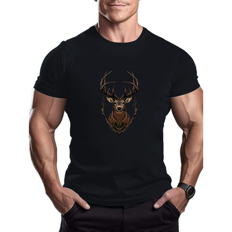 

Deer Head Print T Shirt, Tees For Men, Casual Short Sleeve T-shirt For Summer