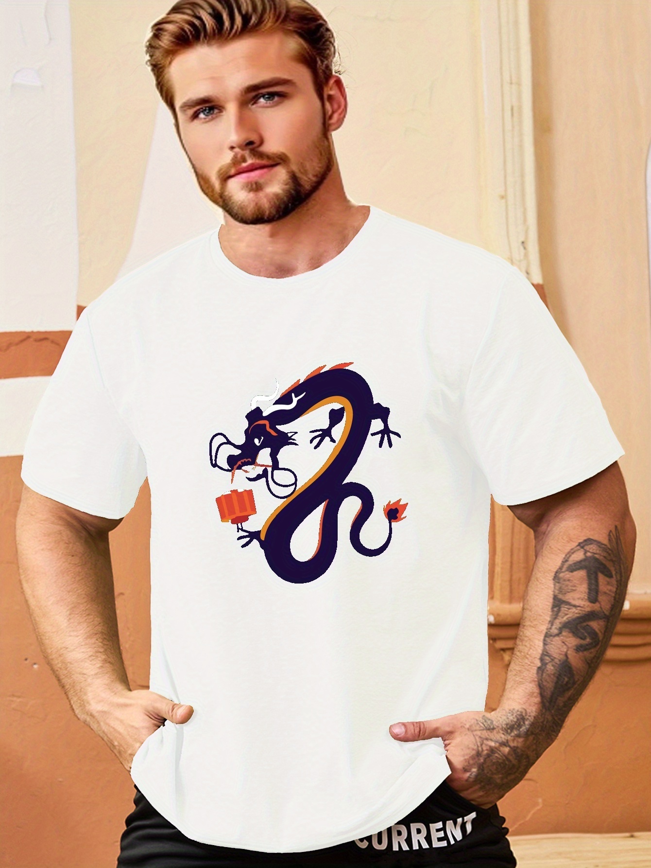 Plus Size Dragon Print Men's Round Neck T shirt Summer - Temu New Zealand