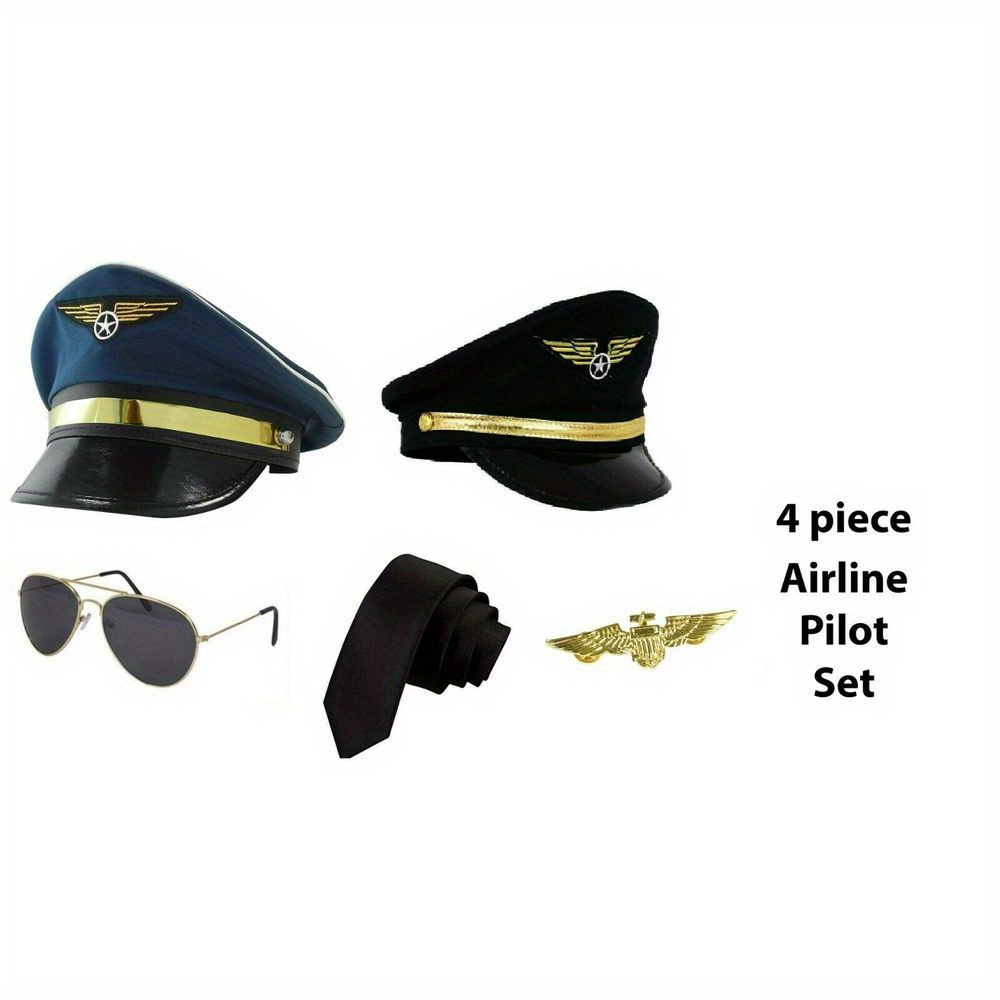 Conjunto De Accesorios De Disfraz De Piloto, Gorra De Piloto + Gafas De Sol  De Aviador + Corbata + Insignia + Collar, Conjunto De Accesorios De Disfra