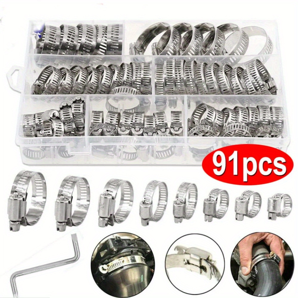 TEMU 91pcs Stainless Steel Hose Clamp Kit With Adjustable Sizes 8-44mm & Z-wrench - Automotive, Mechanical