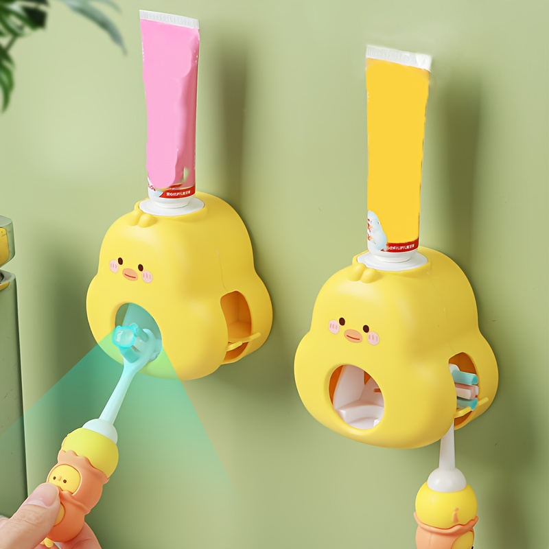 

1pc Automatic Toothpaste Dispenser, Wall Mounted Toothpaste Squeezer With Toothbrush Holder, Cute Yellow Duck Pattern Toothpaste Dispenser, Home Decor, Bathroom Accessories