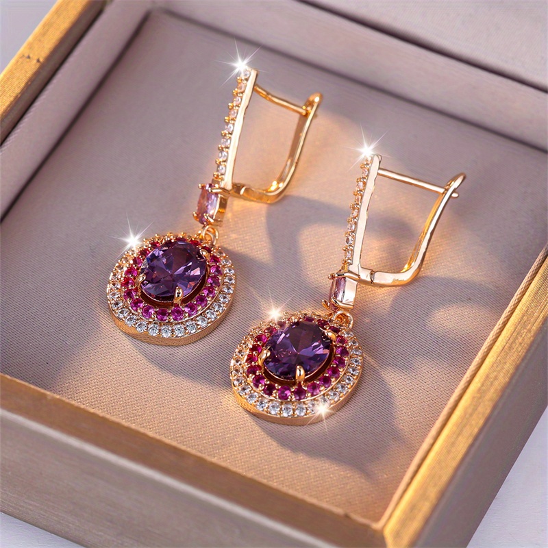 TEMU Gorgeous Golden Earrings Shape Inlaid Purple Zirconia Minimalist Earrings For Women Party Jewelry Valentine's Day Gift
