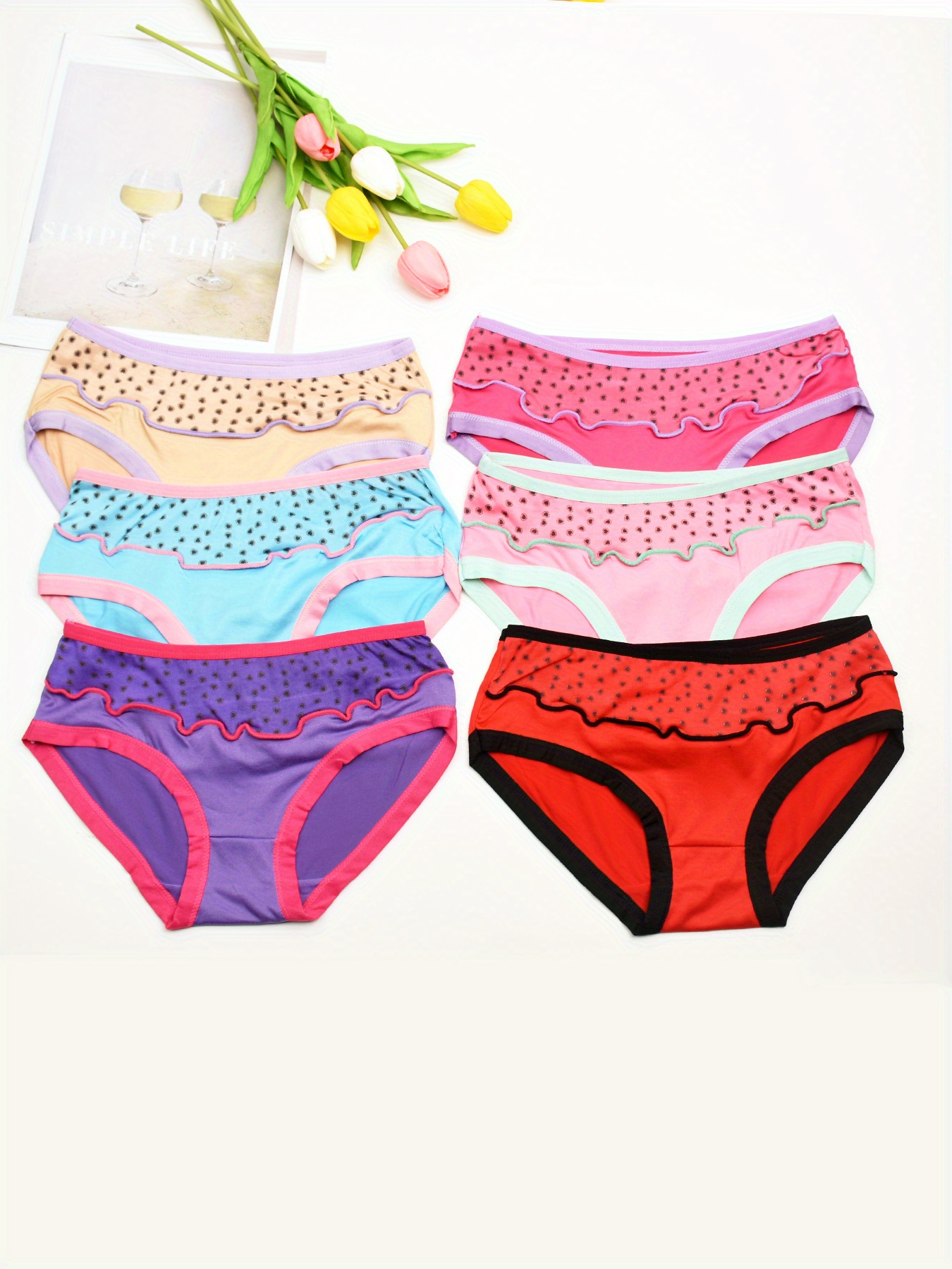 6pcs/Set Tween Girls' Colorblock Waist Triangle Panties