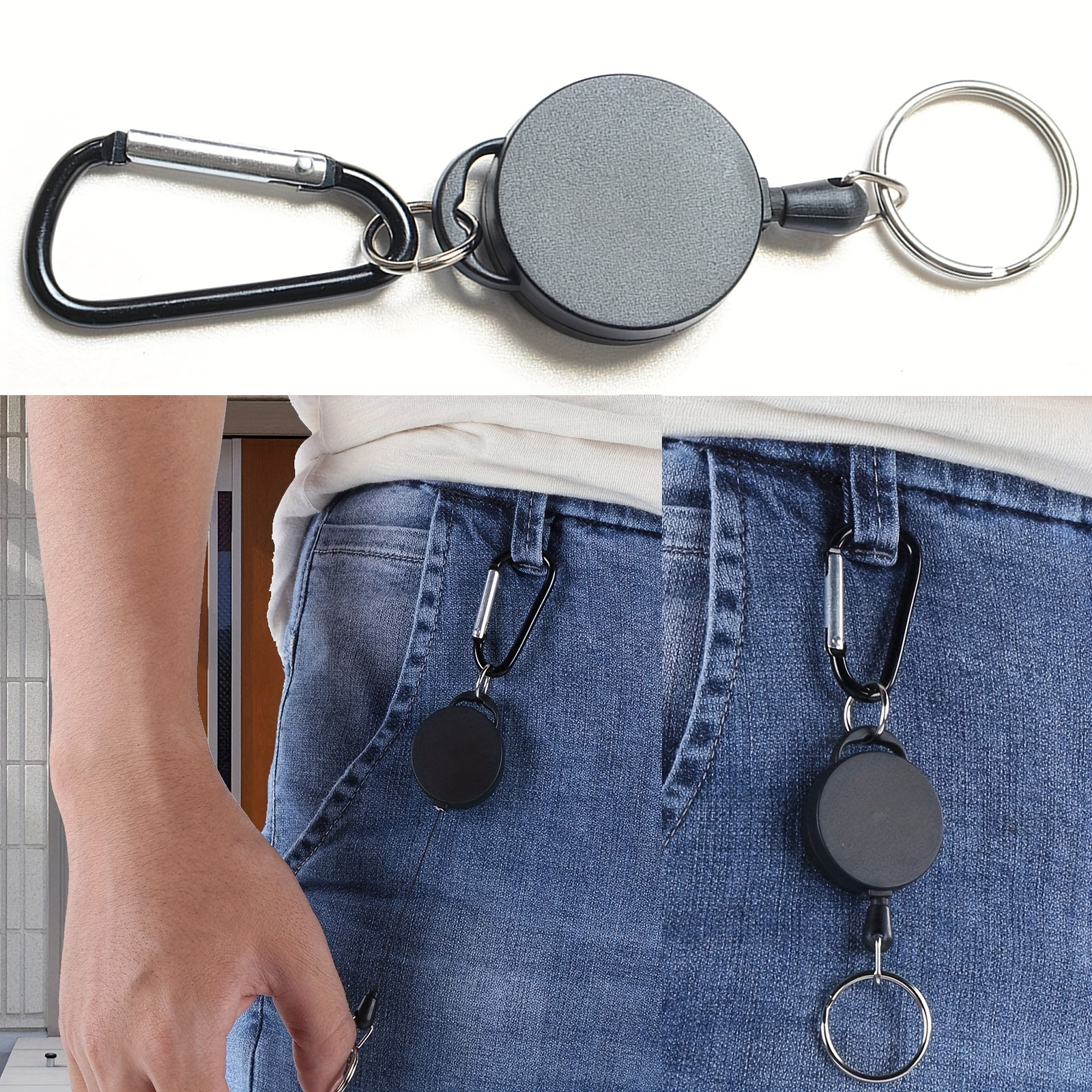 Recoil Retractable Nylon Rope Keyring Carabiner Belt Clip Key Chain Ring ID Badge  Reel Holder 