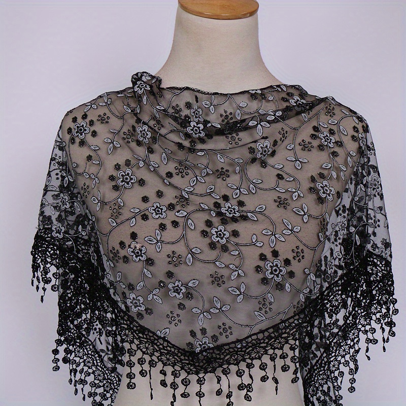 lace flower triangle shawl elegant thin breathable tassel scarf romantic mantilla veil for women wedding party