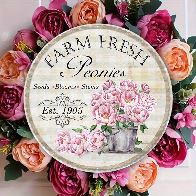 

1pc 8x8in Aluminum Metal Sign, Farm Fresh Peonies Wreath Sign, Metal Wreath Sign, Suitable For Home Decoration, Kitchen, Bar Club, Coffee Shop