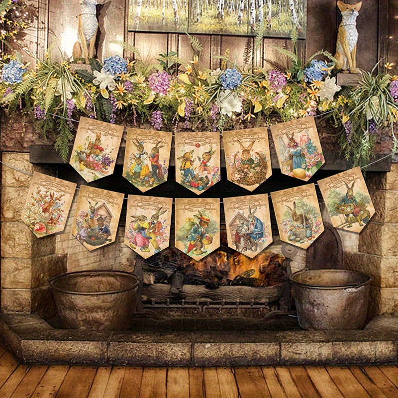 

12-pack Easter Vintage Bunny Banner, Paper Bunting Flags For Holiday Fireplace Decor, No Electricity Needed, Seasonal Home Party Supplies