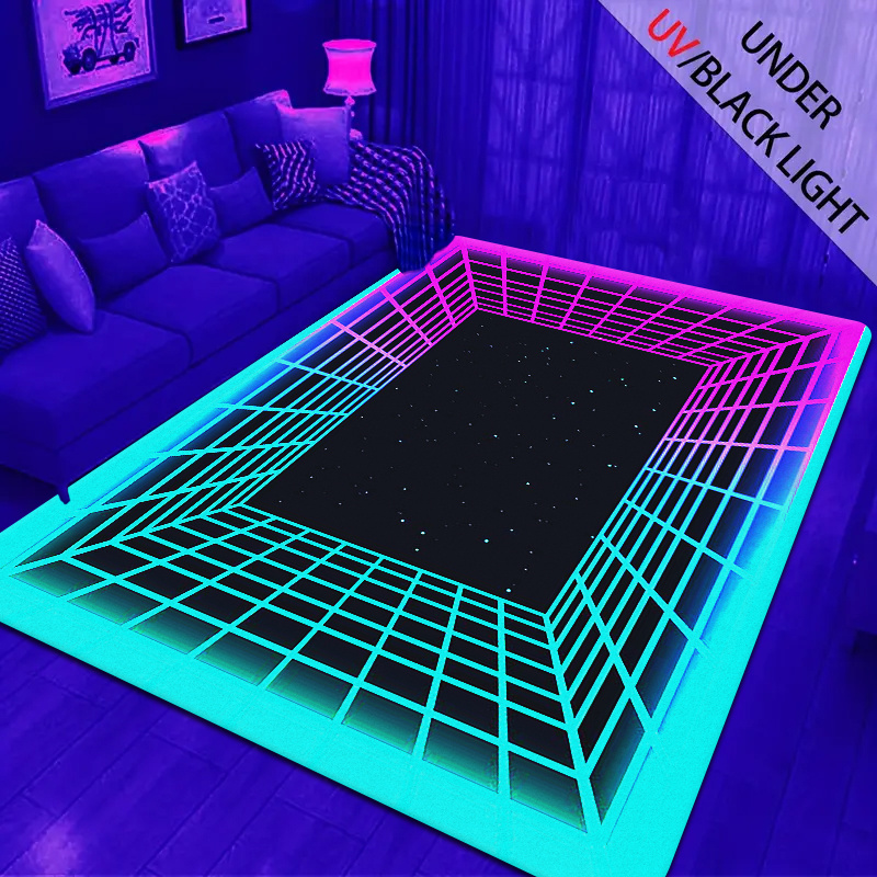 1pc glow in the dark flannel rug 1 2cm thick sponge fluorescent rug uv black light non woven backing neon circle printed rug hippie playroom bedroom decorative rug for party home decor and school supplies details 2