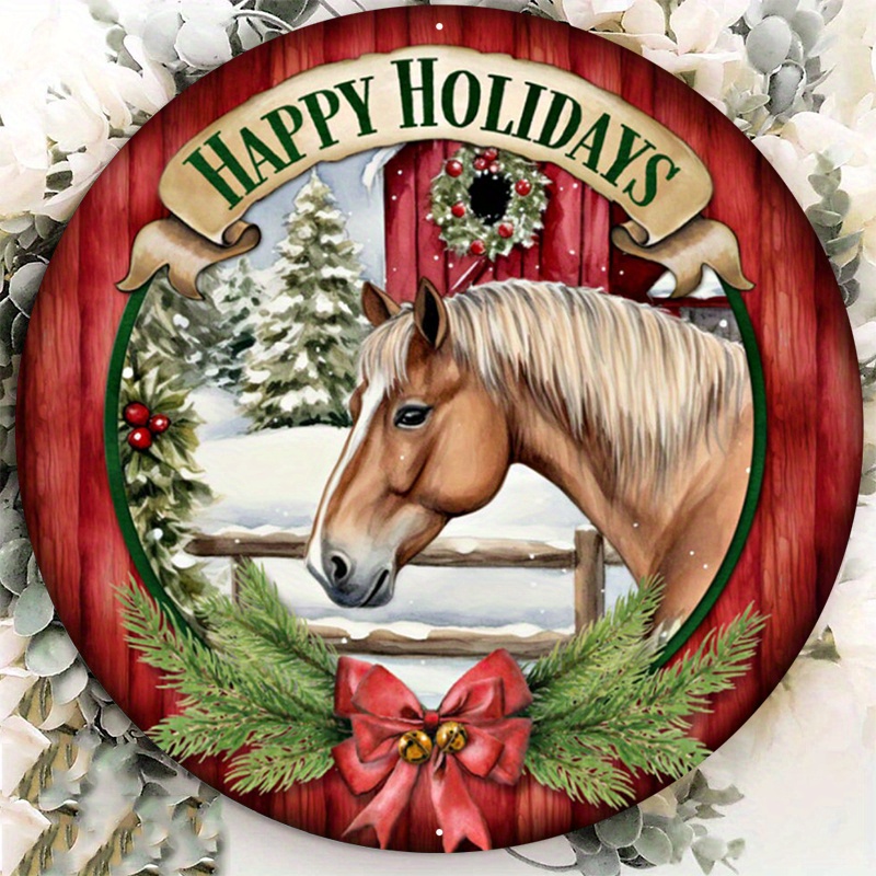 

1pc 8x8inch Aluminum Metal Sign Happy Holidays Horse Welcome Christmas Sign, Wreath Sign, Home Decor, The Ritzy Cactus, Gif279t