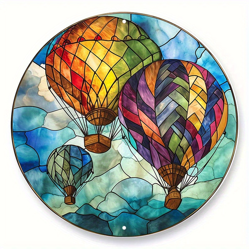 

1pc 20x20cm/8x8in Hot Air Balloon Themed Round Metal Aluminum Sign, Faux Stained Glass Wreath Sign, Round Wreath Sign, Decorative Wall Sign, For Home Bedroom Restaurant Cafe Bathroom Garage Wall Decor