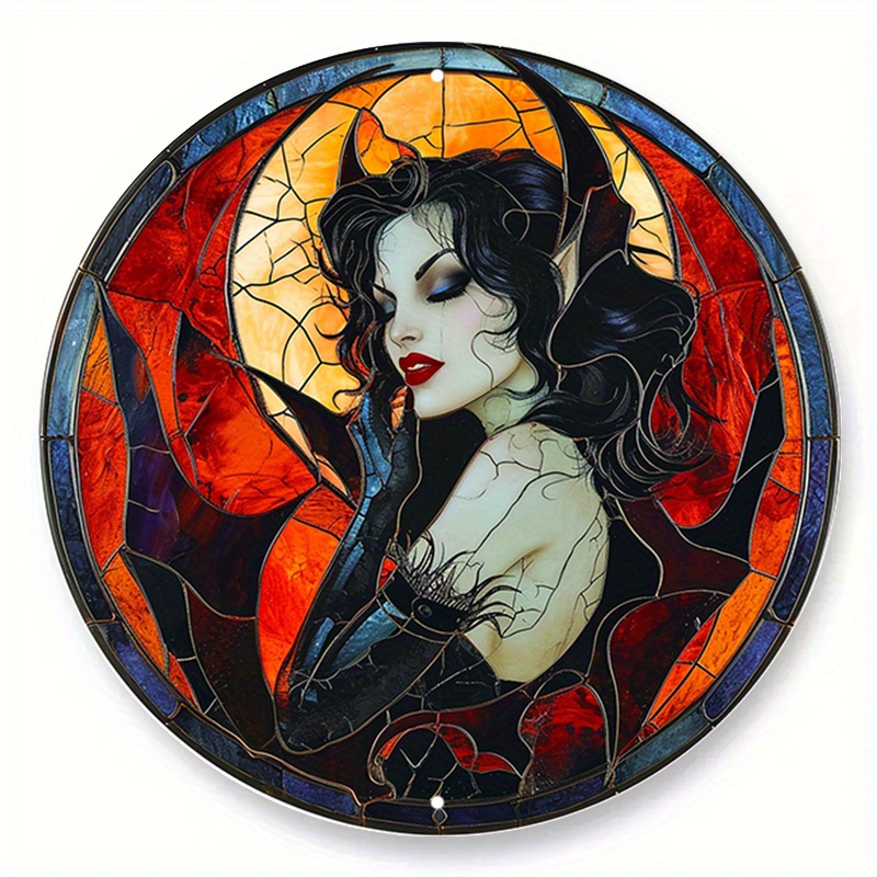 

1pc (20x20 Cm, 8x8 Inches) Aluminum Metal Sign, Faux Stained Glass Circular Wreath Sign, Vampire-themed Design, Dorm, Kitchen, Bar, Living Room Decor, Ideal Gift (112)