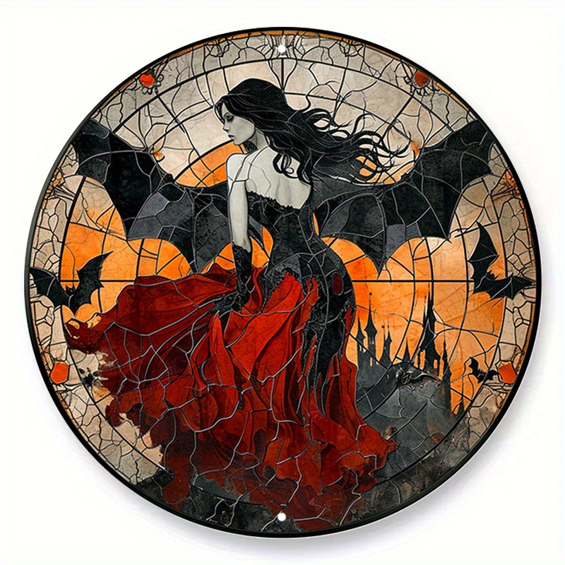 

1pc (20x20cm, 8x8inch) Aluminum Metal Sign, Faux Stained Glass Circular Wreath Sign, Vampire-themed Design, Dorm, Kitchen, Bar, Living Room Decor, Ideal Gift For Gifting D (108)