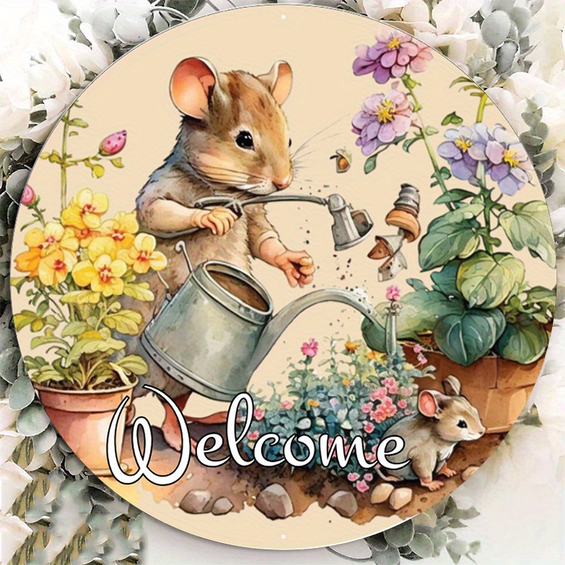 

1pc 8x8inch Aluminum Metal Sign Mouse Garden Welcome Sign, Wreath Sign, Home Decor, Metal Sign