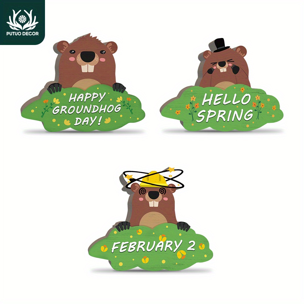 

3pcs Groundhog Shaped Wooden Sign Table Decor, Happy Groundhog Day Hello Spring February 2nd, Desktop Decoration For Home Farmhouse Cafe Coffee Shop Kitchen, Groundhog Day Gifts