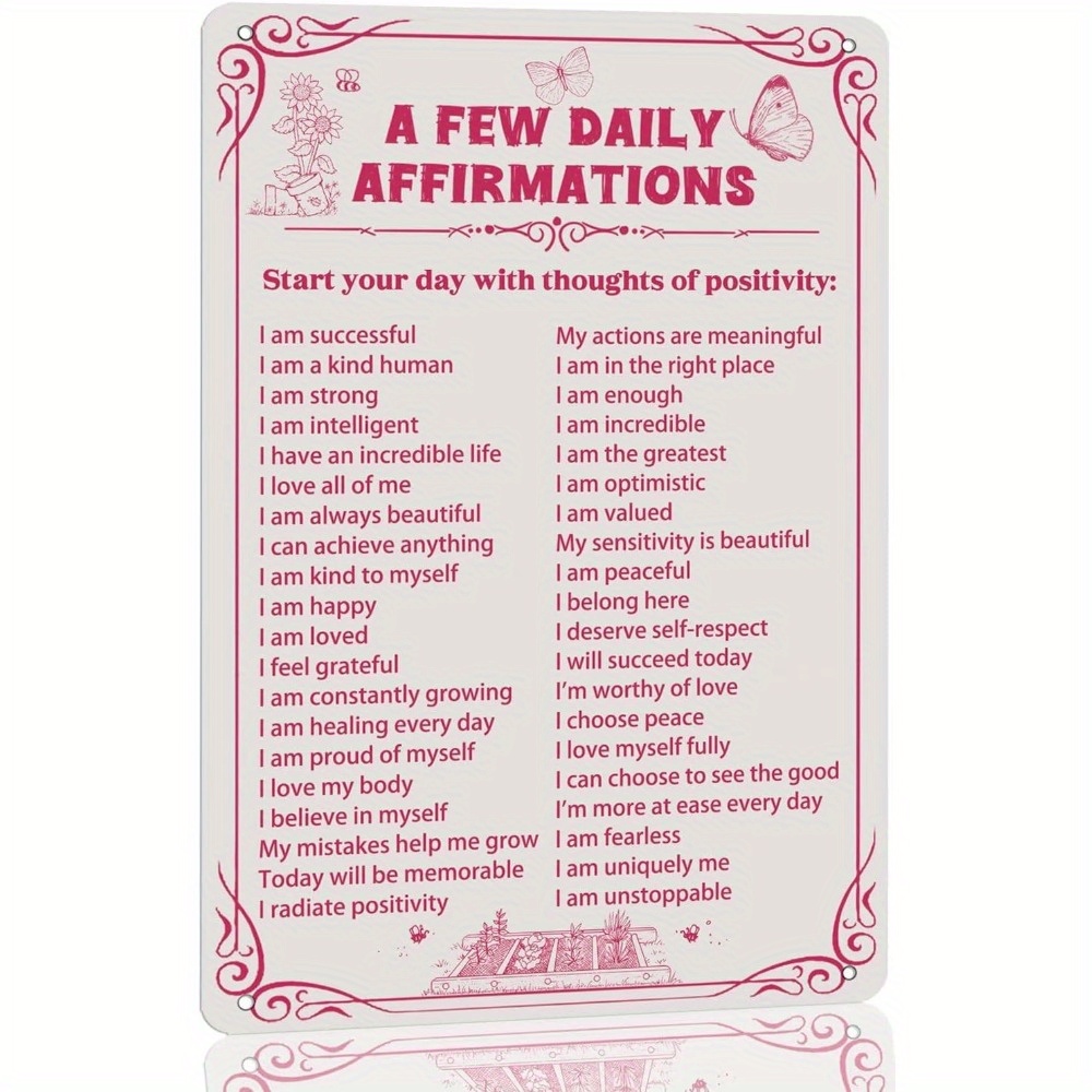 

Daily Affirmations Metal Tin Sign Room Decor Aesthetic Pink Inspirational Wall Art Butterfly Poster Sign For Home Bedroom Office Cafes Clubs Dorm Decor 8x12 Inch