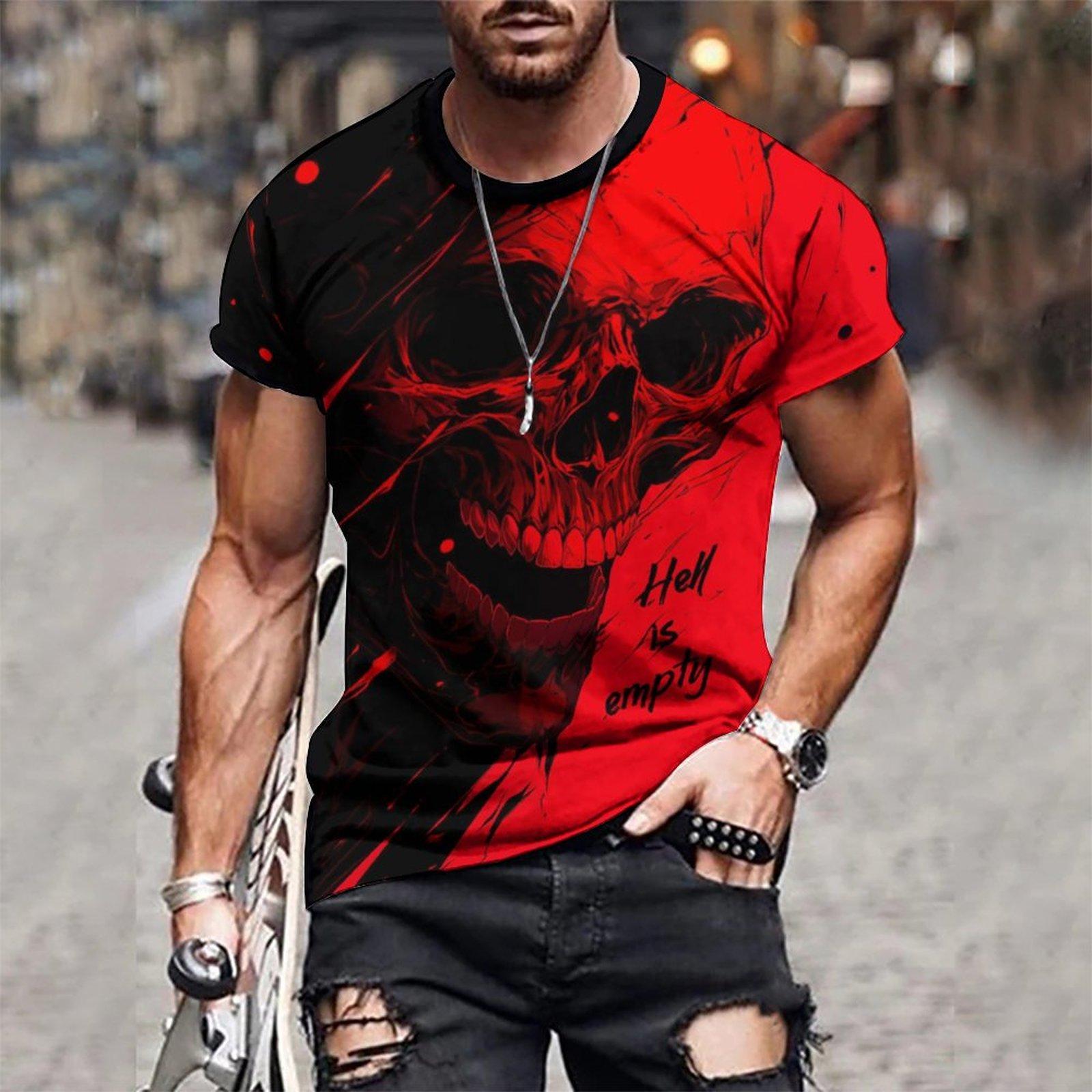 

T-shirt D'été Pour Homme Avec Impression 3D De Tête De Crâne Style Urbain, Manches Courtes Et Col Rond