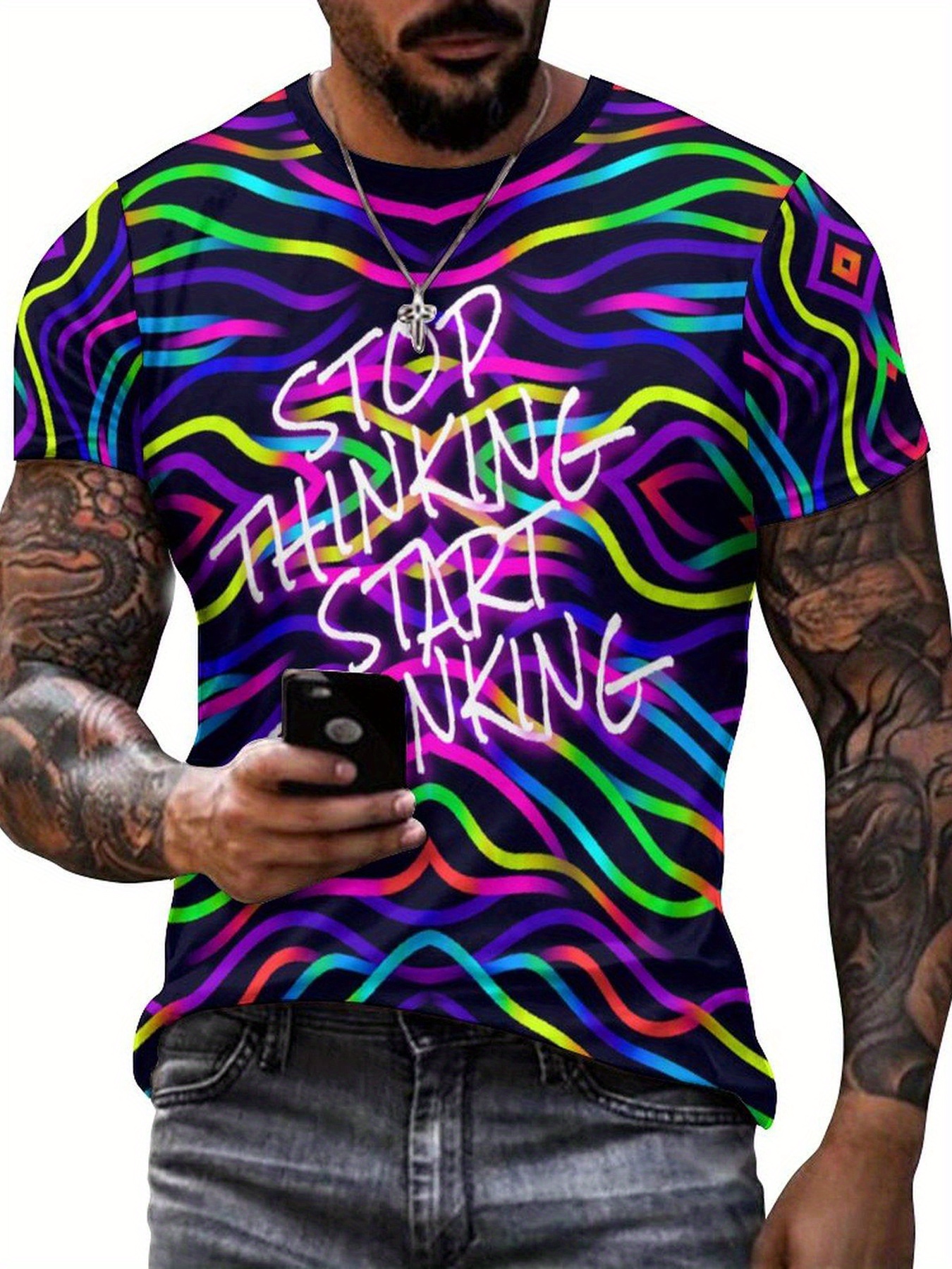 neon light and letter digital print mens novelty short sleeve crew neck t shirt summer party nightclub