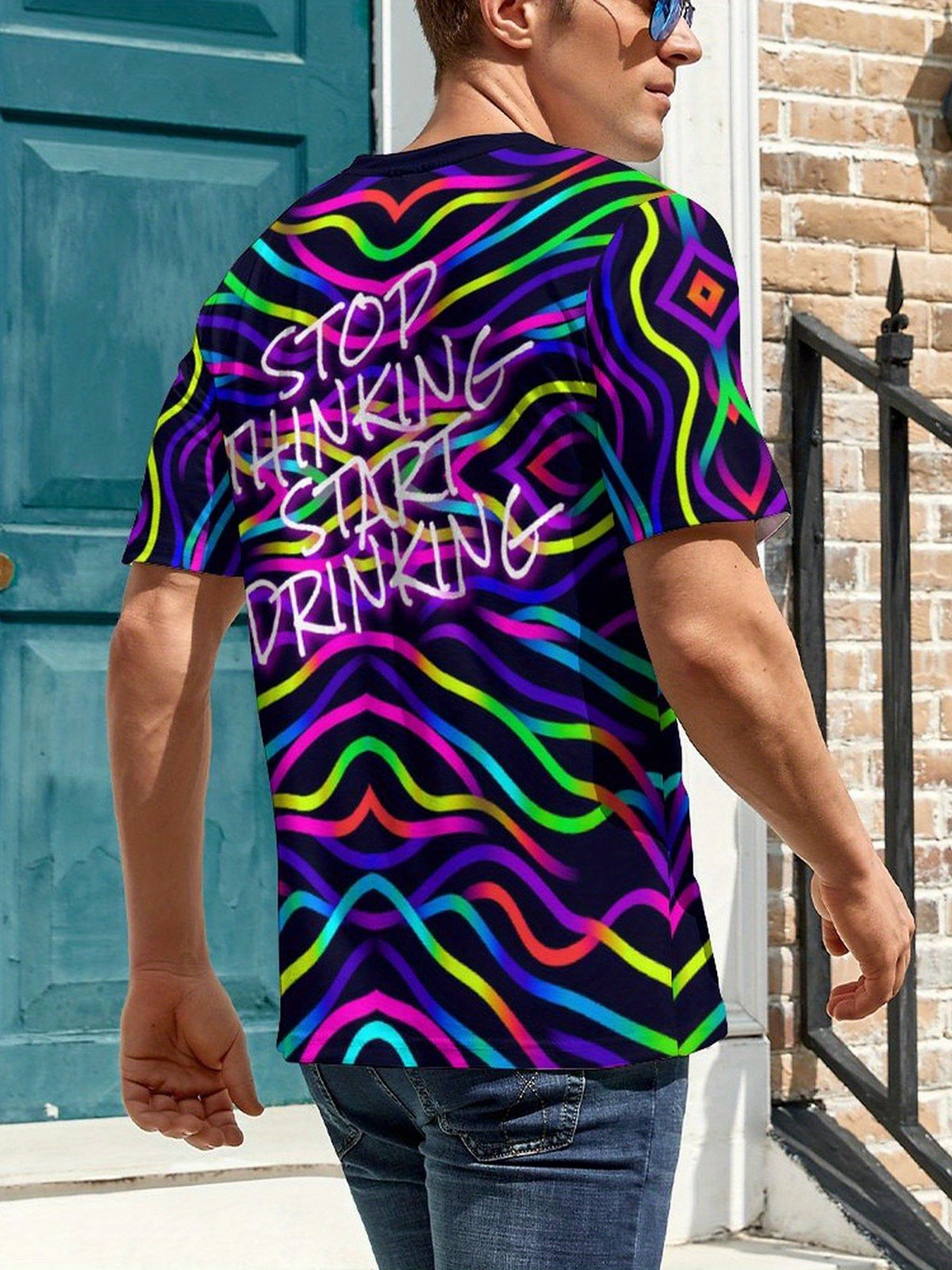 neon light and letter digital print mens novelty short sleeve crew neck t shirt summer party nightclub