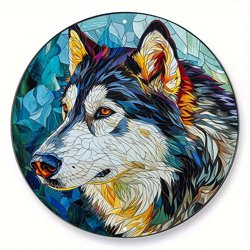 

1pc (20x20 Cm, 8x8 Inches) Aluminum Metal Sign, Faux Stained Glass Circular Wreath Sign, Alaskan Malamute Theme Design, Kennel, Bedroom, Living Room Decor, Pet Lover's Gift D (3)